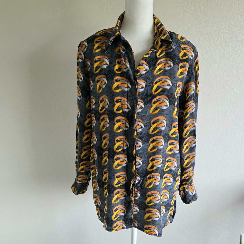 Vintage Piano Silk Retro Abstract Geometric Button Blouse Top Women Size Medium